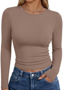 Trendy Queen Womens Long Sleeve Shirts Basic Crop Tops Tight Slim Fit Cute Teen Girls Fall Winter Y2k Clothes Coffee Grey L
