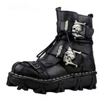 Lorie & Knight Mens Black Genuine Leather Military Army Boots Gothic Skull Punk Motorcycle Martin Boots