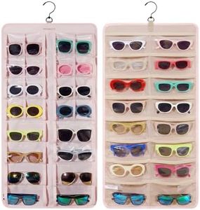 BAGSMART Hanging Jewelry Organizer, Dust Proof Sunglasses Storage Case Wall Mounted, Travel Dual Sided Glasses Case Multiple Pairs, Eyeglasses Holder with 32 Clear Slots & Metal Hook, Pink