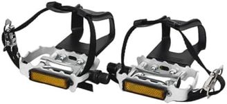 NEWSTY Bike Pedals with Clips and Straps for Outdoor Cycling and Indoor Stationary Bike 9/16-Inch Spindle Resin/Alloy Bicycle Pedals Silver