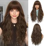 OUFEI Long Brown Highlights Wig With Bangs Natural Wavy Wigs for Women Natural Synthetic Hair Heat Resistant Wigs for Daily Party Cosplay Wear