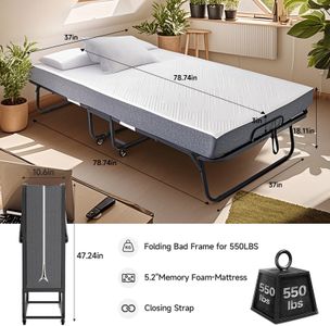 Mutital Twin Folding Bed for Adults – 13cm Mattress, Portable Rollaway with Wheels, Metal Frame, Storage Cover, 200x90cm