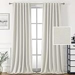 H.VERSAILTEX 100% Blackout Faux Linen Curtains for Bedroom 96 inch Full Light Blocking Drapes with Double Face Linen Back Tab Loop Pocket Textured Burlap Curtains for Living Room 2 Panels, Off White