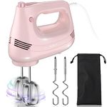 GUALIU Electric Hand Mixer with Stainless Steel Whisk, Dough Hook Attachment and Storage Bag, Handheld Mixer for Baking Cakes, Eggs, Cream Food Mixers. Turbo Boost /5 Speed Kitchen Blender PINK