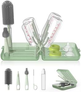 YOTIME Bottle Brush Set with Foldable Rack, Auto-Open Rack & Vertical Brushs Drying Slots, No Mess Drying, 3 Brushes + Dispenser, Travel Baby Essentials for On-The-Go Parents, Light Green