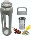 HENGFEI 22oz Chug Cap Glass Water Bottle with Silicone Sleeve, Clear Borosilicate Glass Drink Bottle with Infuser. (Grey Silicone Sleeve)