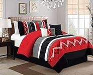 Chezmoi Collection Arden 7-Piece Modern Pleated Stripe Embroidered Zigzag Bedding Comforter Set (Queen, Red/Black/Gray/Off-White)