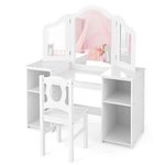 Maxmass Kids Vanity Table and Chair Set, 2 in 1 Girls Dressing Table Set with Removable Tri-Folding Mirror, 4 Storage Compartments, Children Wooden Princess Makeup Table for 3+ Years Old