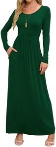DEARCASE Women Dress Dark Green Medium Crewneck Long Maxi Sleeves Wedding Guest A-line Plain Casual Empire Waist Flowy Party Vintage Spring Fall Winter Floor Dresses with Pocket