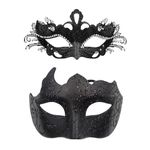 OIDEA Masquerade Mask Couples Set: Black Rhinestones Metal Cosplay Venetian Party Mask Halloween Costume Mardi Gras Mask