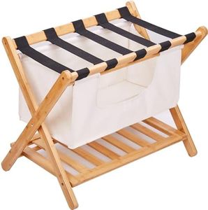 koyasiry Folding Luggage Rack for Guest Room with Laundry Bag,Foldable luggage Racks for Suitcase Stand with Storage Shelf,Luggage Stand Natural Bamboo Luggage Holder for Hotel,No Assembly Required