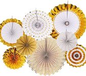 8 Pack Mix Hanging Paper Flowers Party Fan Tissue Paper Fan Festival Party Wedding Home Birthday Decor, 6X Fan-Glitter Gold