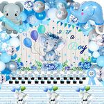 134PCS Elephant Baby Shower Decorations for Boy Baby Boy Shower Decorations Include Elephant Theme Balloon Garland Arch Kit Backdrop Tablecloth Cake Toppers Mommy Sash and Daddy Badge