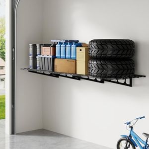 FLEXIMOUNTS 2x6ft Garage Shelving Wall-Mounted, 1-Pack Heavy-Duty Wall Shelving, Holds Up to 400 lbs, Garage Storage Rack for Organization & Storage Bins, Black, Classic Series