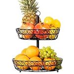 Chefarone 2 Tier Fruit Bowl Large Basket - Keeps Fruits and Veg Fresh - Vegetable Stand Vintage Style Black - Countertop Metal Fruit Bowls for The Kitchen (30 x 30 x 36 cm) Fruit and Veg Storage