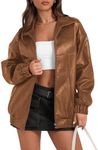 Yousify Motorcycle Jacket for Women Oversized Casual Long Sleeve Lapel Solid Color Bomber Jacket with Pockets Light Brown XXL