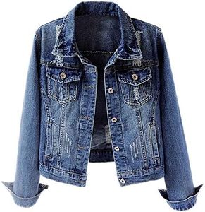 Kedera Jean Jackets for Women Fashion Ripped Distressed Casual Long Sleeve Denim Jacket Basic Button Down Jean Coat Winter Spring Autumn US 8-10(M) Dark Blue