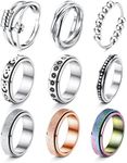 FIASASO 9 Pcs Fidget Rings for Anxiety Stainless Steel Spinner Ring Anti Anxiety Ring Spinning Moon Star Flower Bead Stress Relieveing Rings for Women Men Teen, Stainless Steel, Cubic Zirconia