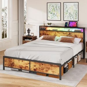 ADVWIN Queen Size Bed Frame, LED Storage Wooden Headboard & Charging Station and USB Ports, Industrial Wooden Platform Bed with Metal Mattress Base Support, No Box Spring Needed