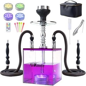 SunWamntin 2 Hose Hookah – Square Hookah Set with Everything, Travel Shisha Kit with LED Lights and Portable Bag（Purple）