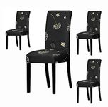 House of Quirk Elastic Chair Cover Stretch Removable Washable Short Dining Chair Cover Protector Seat Slipcover (4 Chair Cover, Black Leaflet)