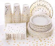 201 PCS White and Gold Party Supplies, Disposable Gold Dinnerware Set for 50 Guests, 50 9" Paper Dinner Plates, 50 7" Dessert Plate 50 9 OZ Cups for Wedding, Birthday, Parties, Baby Shower