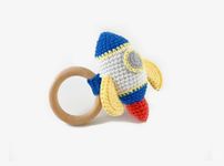 SYCAMORE EAST Baby Wooden Rattle For Newborn, Crochet Bunny Rattle Toy Natural Wool, Music Shaker Rattle For Hand Grips, Boy Girl First Rattle Gift Rocket 1 Pcs Combo