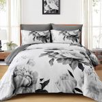 Dobuyly Grey Comforter Set King 7 Piece Bed in a Bag, Gray Floral Printed on White Comforter Set with Sheets, Soft Microfiber Botanical Farmhouse Bedding Set for All Season