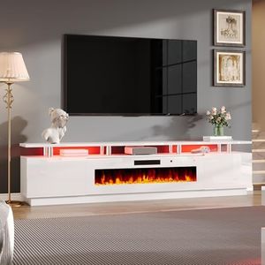 AMERLIFE 90" 2 Tier Fireplace TV Stand with 50" Fireplace, Modern Large Entertainment Center LED Lights, Media Console Table Storage Cabinet for TVs Up to 100", Living Room, White & White