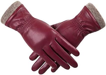 REDESS Winter Leather Gloves for Women, Wool Fleece Lined Warm Gloves, Touchscreen Texting Thick Thermal Snow Driving Gloves, Wine Red, 7 M