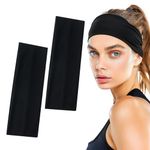 Sularpek 7cm Wide Black Headbands, 2PCS Elastic Headband for Women's Hair, Breathable Hair Band for Sweat-Wicking for Makeup, Yoga, Running, Sports