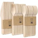 H&S 150pcs Wooden Cutlery Set Disposable Biodegradable Wood Eco Friendly for Picnic Party - 50 Forks, 50 Knives, 50 Spoons