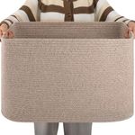 OIAHOMY XXXLarge Rectangle Blanket Basket-91L, Cotton Woven Basket for Storage, Dirty Clothes Basket for, Living Room, Nursery, Bedroom, Toy Organizing with Handle, 24" x 16" x 15",Brown variegated