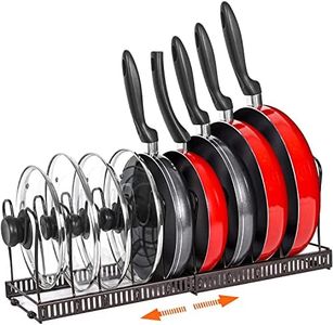 Little-Stars Expandable Pans Organizer Rack, 10 Adjustable Compartments, Cookware Holder for Pantry or Cabinet, Brown (Pan Rack)