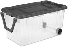 Sterilite 160 Quart Plastic Rolling Stacker Box, Lidded Stackable Storage Bin Container for Home, Garage, and Camping, 2-Pack, Clear Base & Gray Lid