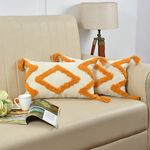 DIOS Cotton Cushion Cover, Handmade Sofa Cushions Cover - New Yellow Diamond | Rectangle Shape - 12x20 Inch, Pack of 2