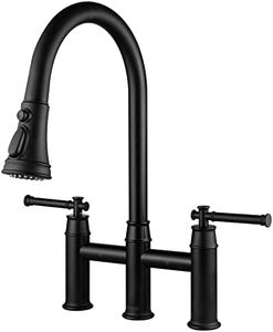 Matte Black Bridge Kitchen Faucet with Pull Down Sprayer, Lava Odoro Transitional Kitchen Sink Faucet 3 Hole 2 Handle Spot-Resistant, Lead-Free, KF501-MB