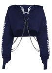 Y2k Gothic Hoodies for Women Hooded Long Sleeve Crop Tops Halloween Printing Sweatshirt with Chain Blue M