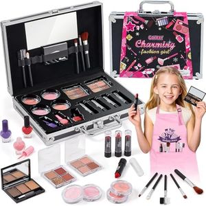 Golray Makeup Kit with Nail Polish for Girls Gift Age 7 8 9 10 11 12, Tin Train Case Cosmetic Box & Real Beginner Makeup Vanity & Aprons, Teens Girl Birthday Gift Pretend Play Make Up Artist Toys