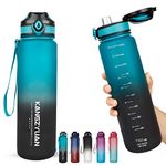 32 OZ Water Bottle, 1 Litre Large Capacity Sport Motivational Water Bottles BPA Free, Tritan Material, Flip Lid, Leakproof Security Lock for Fitness Gym Camping Cycling Traveling Office School (Cyan-blue/Black Gradient)