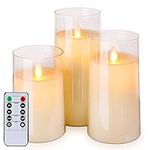 Homemory Flickering Flameless Candles, Battery Operated Acrylic LED Pillar Candles with Remote Control and Timer, Ivory White, Set of 3