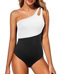 Holipick One Shoulder One Piece Swimsuit for Women Tummy Control Bathing Suits Modest Full Coverage Keyhole Swimwear, Black and White, 18 Plus