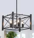 Black Square 4-Lights Farmhouse Chandelier Lantern Pendant Light Rustic Cage Industrial Hanging Light for Kitchen Island Dining Room Hallway Entryway Foyer