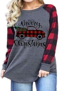 Plus Size Baby Its Cold Outside Christmas T Shirt Women Long Sleeve Plaid Splicing Tops Blouse