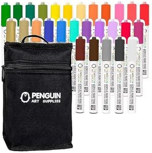 PENGUIN ART SUPPLIES 28 Dual Tip Acrylic Paint Pens: Craft Paint Markers for Painting Wood, Glass, and Halloween Decoration - Non Toxic Reversible Pen with 5mm + 3mm Fine Tip and Zipper Pouch