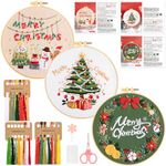 JSRQT 3 Sets Christmas Embroidery Starter Kit for Adults Beginners,Stamped Cross Stitch Kit,DIY Handmade Sewing Needlepoint Kits with Embroidery Hoops and Needles Threads