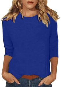 Generic 3/4 Length Sleeve Womens Tops Crewneck Plus Size Loose Fit Tops Solid Color Casual 3/4 Length Sleeves Blouse Summer Comfy Shirts, X-Large, 04-blue