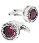 Jonwo Red Crystal Gemstone Cufflinks for Men Lady In Gift Case Silver Round Men's Cufflinks Jewelry Set for Wedding Anniversary Business Party Events Tuxedo Dress Shirt