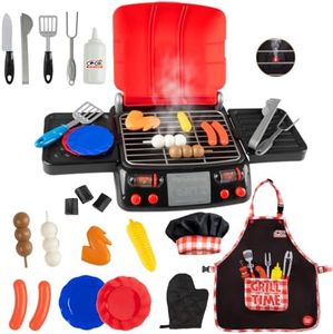 Born Toys Kids Grill Playset - Interactive Kids BBQ Grill Playset w/Pretend Smoke, Sound & Light- Dress Up & Pretend Play Kitchen Toy Grill for Kids Ages 3 & Up w/Kids Apron Hat & Cooking Mitt 20pcs