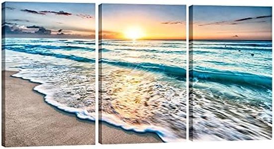 Pyradecor 3 Piece Giclee Canvas Prints Wall Art Paintings for Living Room Home Office Decorations - Blue Beach Sunrise White Wave Modern Gallery Wrapped Seascape Seaview Pictures Artwork Ready to Hang